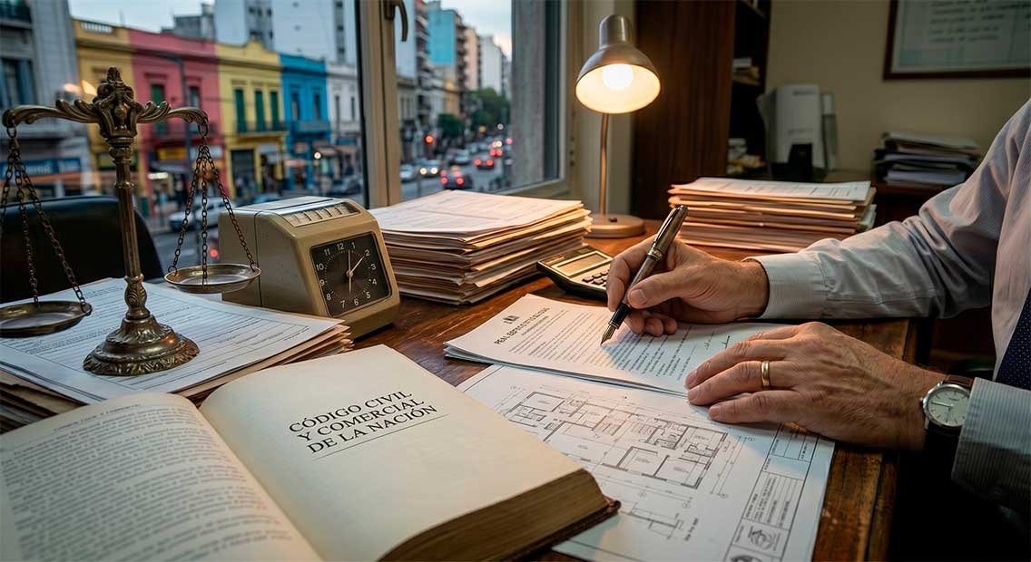 Contrato legal de carácter civil sobre un escritorio con planos y pluma estilográfica estilizada, simbolizando acuerdos patrimoniales y responsabilidad civil.