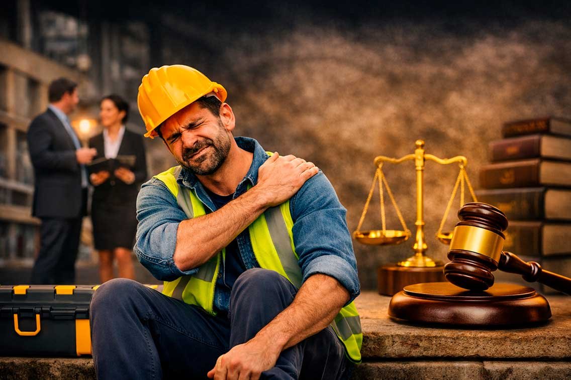 Abogado firmando liquidaciones por despido y Ley de Contrato de Trabajo abierta sobre un escritorio antiguo de madera.