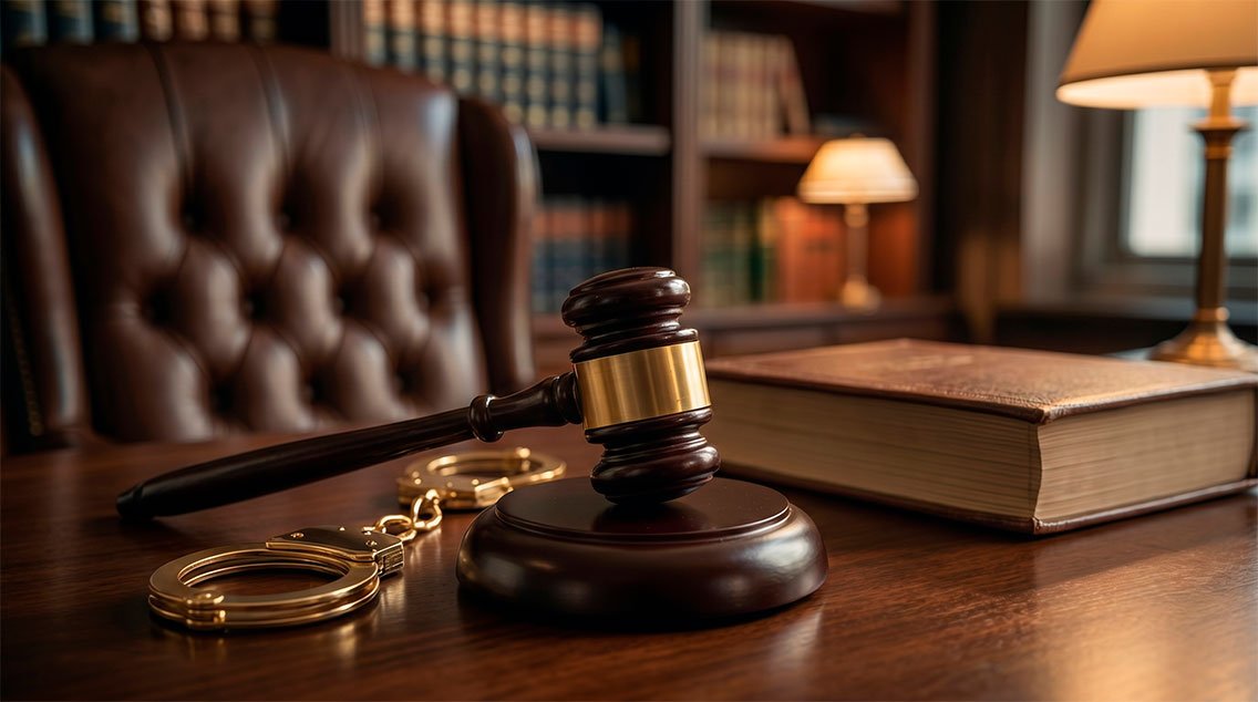 Mazo de la justicia de madera oscura y esposas doradas sobre un escritorio letrado clásico, representando la defensa criminal y las urgencias penales.